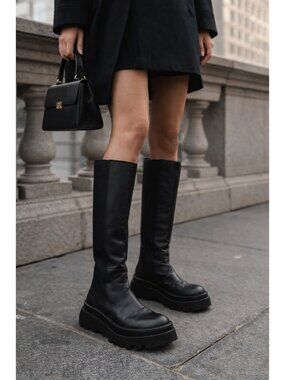 ZARA Black Leather Knee High Boots Chunky Platform Lug Sole Pull On Women Sze 41